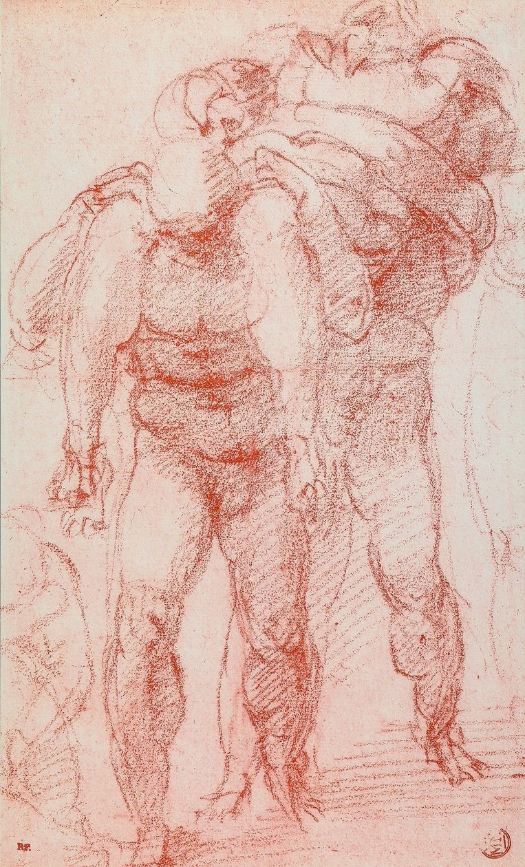 Três homens carregando um corpo; desenho de Michelangelo. O louvre, paris de Michelangelo Buonarroti