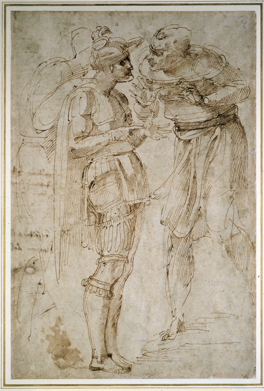 Três homens em conversa (caneta e tinta marrom no papel) de Michelangelo Buonarroti