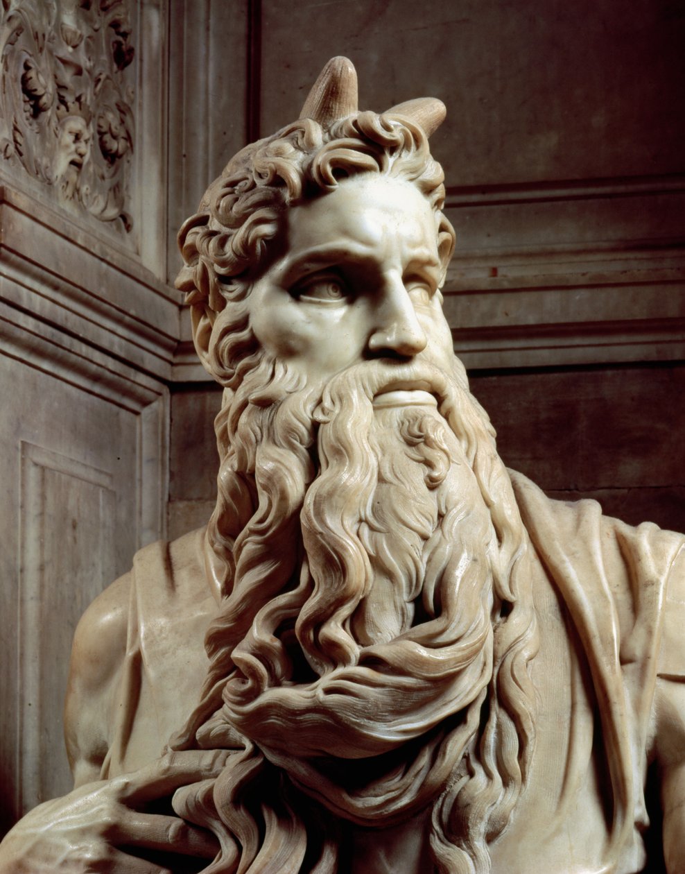 Túmulo do Papa Júlio II 1453-1513 detalhe da cabeça de Moisés, 1513-16 mármore de Michelangelo Buonarroti