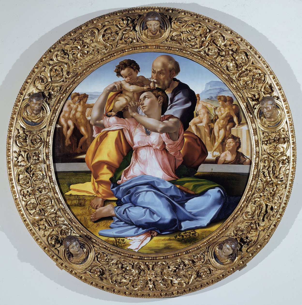 Tondo Doni: A Sagrada Família com São João Batista - óleo sobre painel de Michelangelo Buonarroti