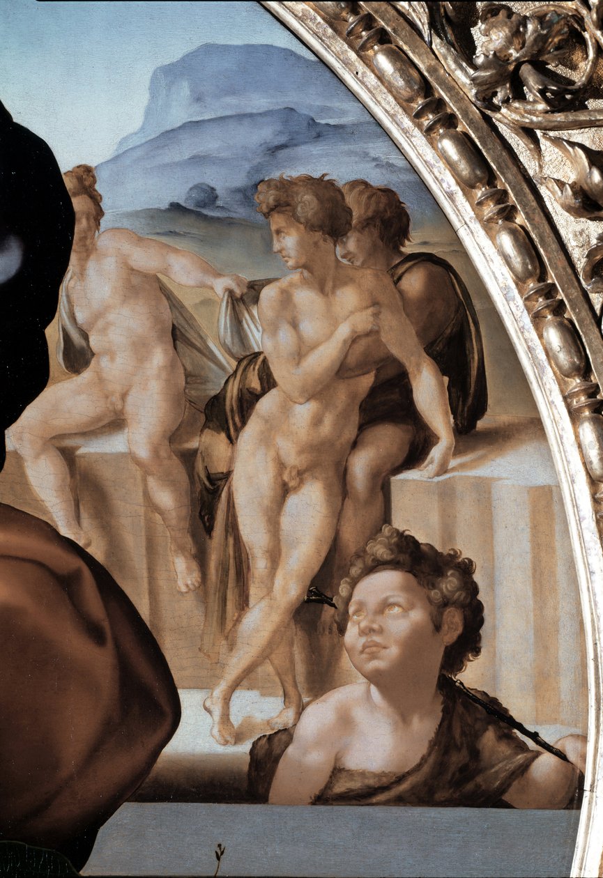 Tondo Doni: A Sagrada Família com São João Batista, detalhe - 1504-06 (óleo sobre painel) de Michelangelo Buonarroti