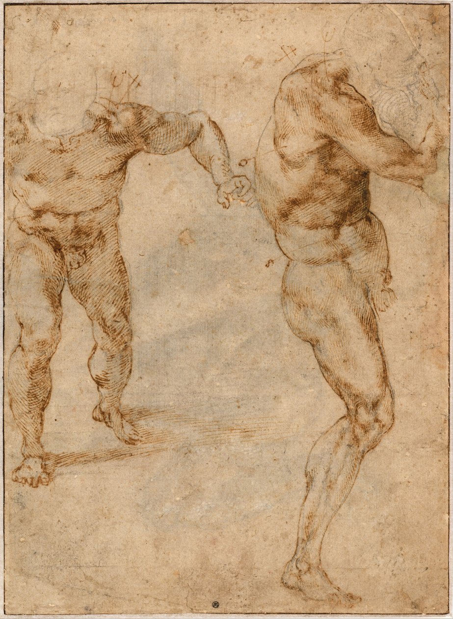 Dois estudos nus de um homem que avança e outro que vira para a direita, c. 1504 de Michelangelo Buonarroti