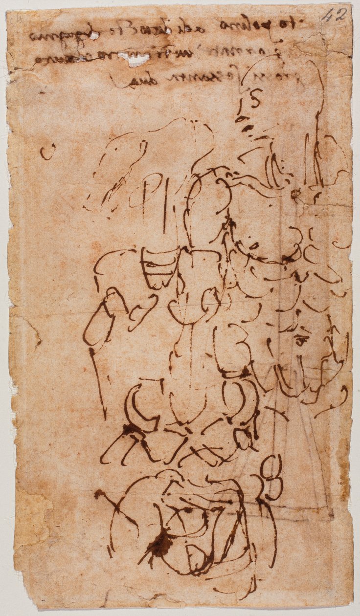 Esboço não identificado e inscrição manuscrita de Michelangelo Buonarroti