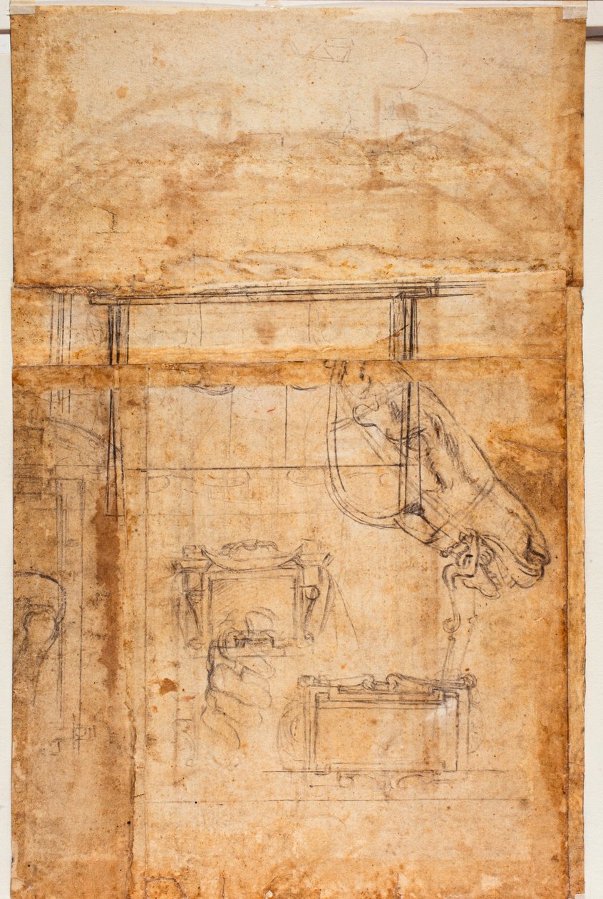 Estudos diversos de figuras e arquitetura de Michelangelo Buonarroti