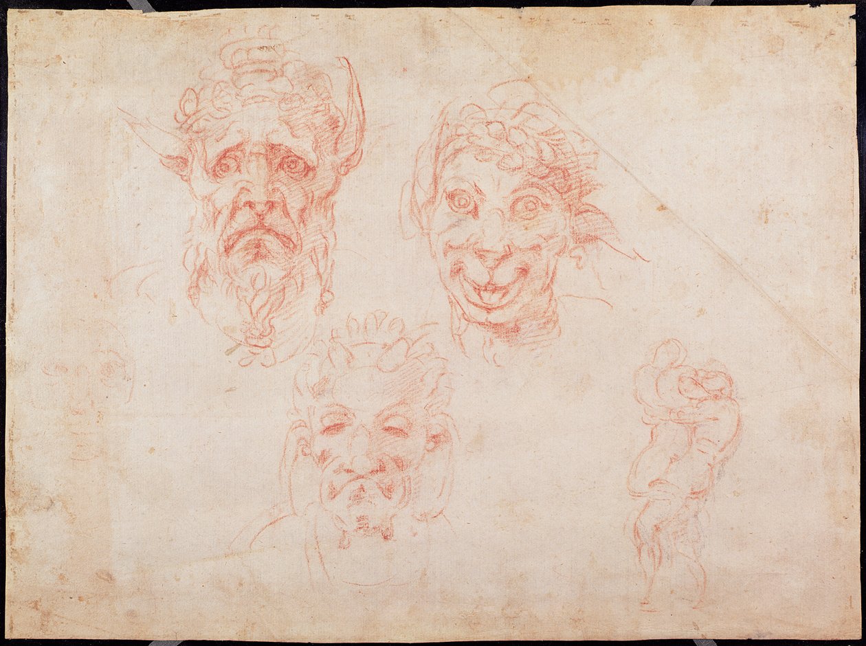 W.33 Esboços dos rostos dos sátiros (giz vermelho sobre papel) de Michelangelo Buonarroti