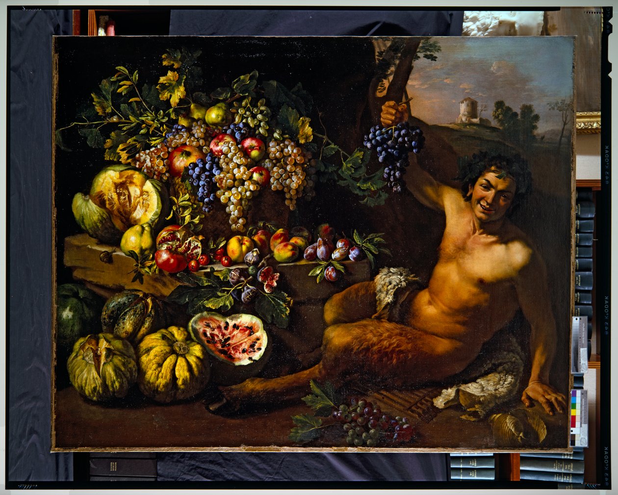 Natureza morta com um sátiro numa paisagem (tela) de Michelangelo Cerquozzi