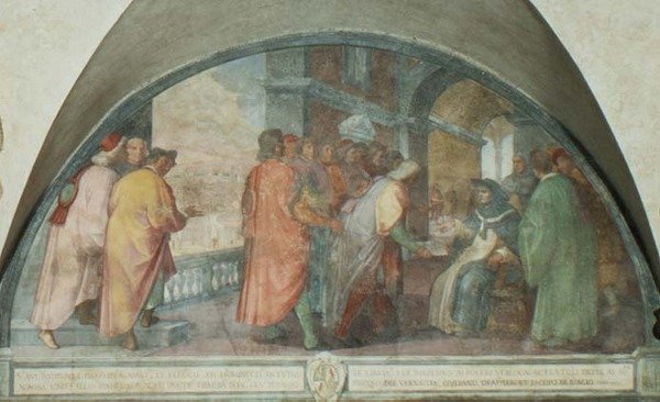 Santo Antonino funda a Companhia de Bons Homens em San Martino, lunette (fresco) de Michelangelo Cinganelli
