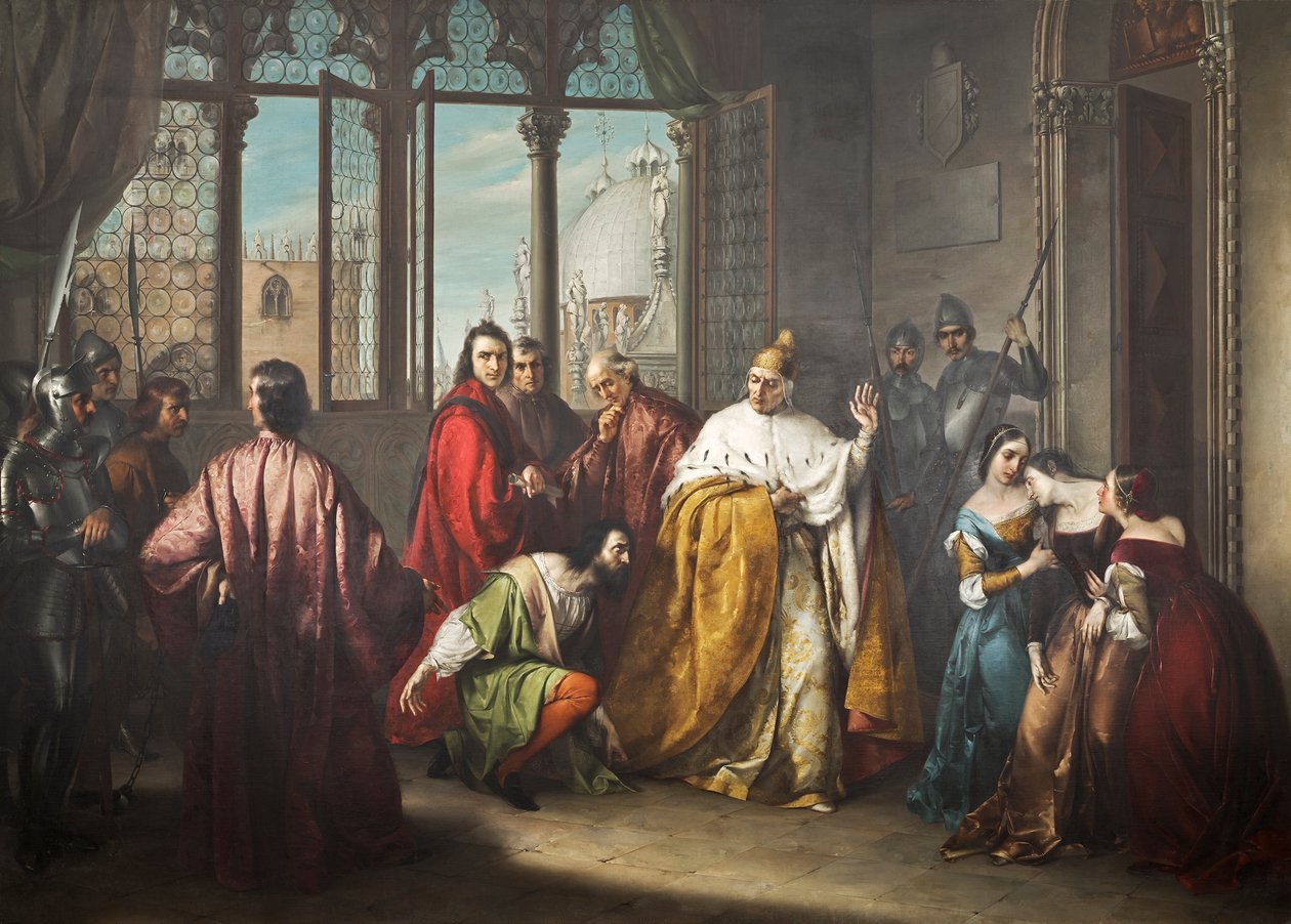 Doge Francesco Foscari envia o seu filho Jacopo para o exílio ("I due Foscari") de Michelangelo Grigoletti