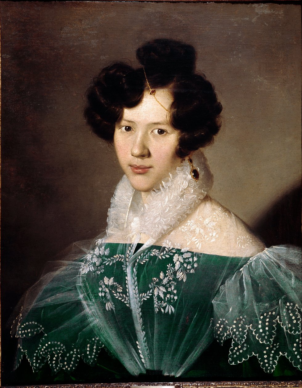 Retrato de uma jovem mulher. Pintura de Michelangelo Grigoletti (1801-70). Roma, Galleria d