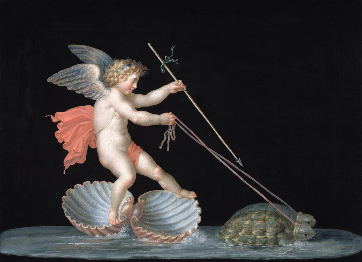 Cupido sendo liderado por Tortoises (óleo sobre painel) de Michelangelo Maestri