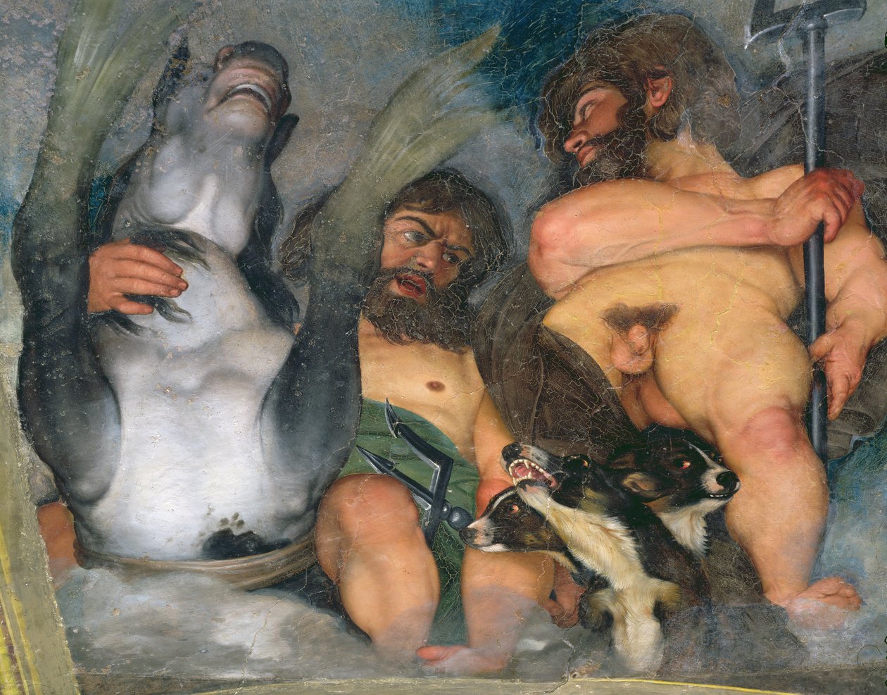 Alegoria dos Elementos, o Universo e Signos do Zodíaco, detalhe de Netuno e Tritão com Cerberus, o cão de três cabeças, óleo de 1597 em detalhes de gesso 107109 de Michelangelo Merisi Caravaggio