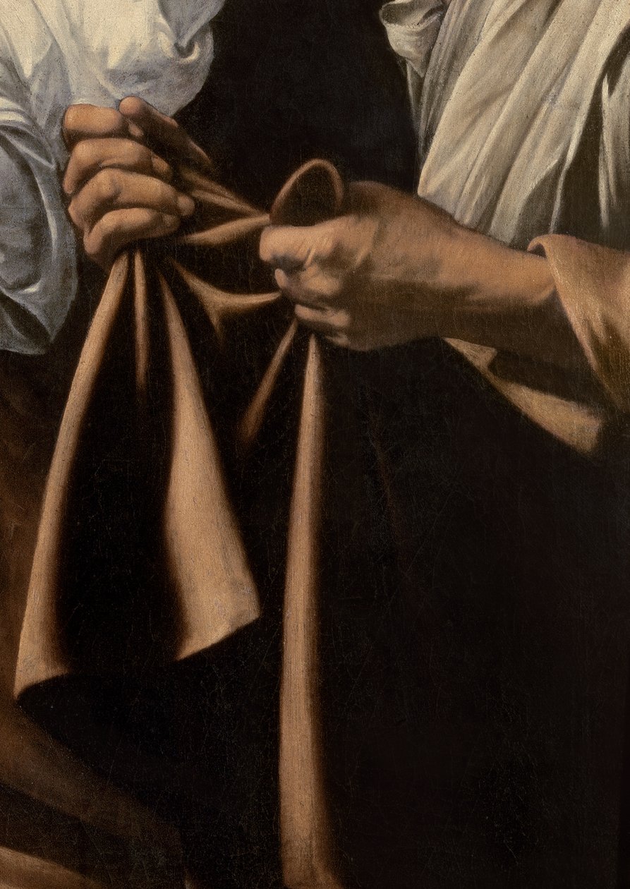 Detalhe do servo segurando o saco para a cabeça de Judith e Holofernes, 1599 de Michelangelo Merisi Caravaggio