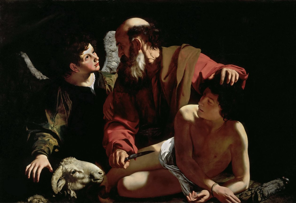 Abraão Sacrificando Isaac por Caravaggio, Michelangelo (1571-1610). Óleo sobre tela, ca 1597-1599, Dimensão : 116x173. Coleção Barbara Piasecka Johnson de Michelangelo Merisi da Caravaggio