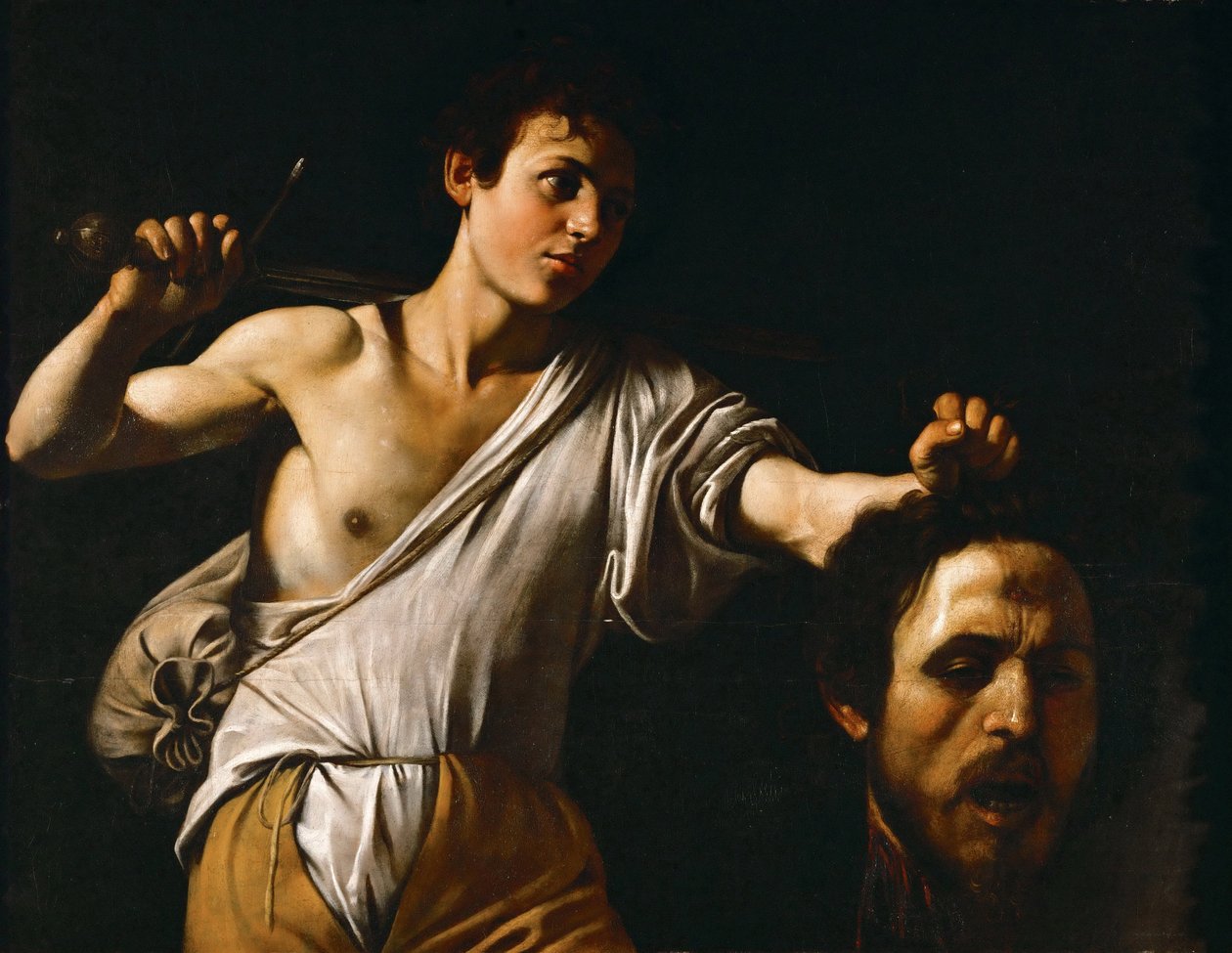 Barroco : David avec la tete de Goliath - David com o Chefe de Golias par Caravaggio, Michelangelo (1571-1610), ca. 1600. Óleo sobre madeira, 90,5x116. Museu de História de Arte, Vienne de Michelangelo Merisi da Caravaggio