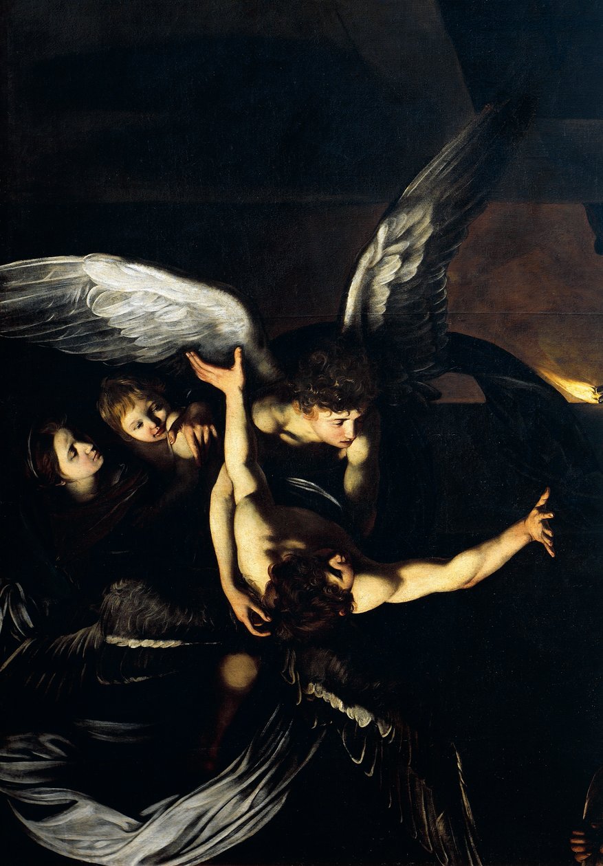 Figuras de anjos, detalhe de Nossa Senhora das Mercês ou Sete Atos de Misericórdia, c.1606-07 (óleo sobre tela) de Michelangelo Merisi da Caravaggio