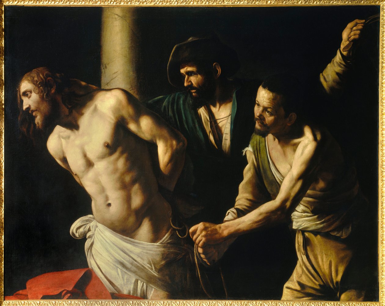 Flagelação de Cristo tem a coluna Pintura de Michelangelo Merisi chamada The Caravaggio ou il Caravaggio (1571-1610) 1607 Sol. 1,34x1,75 m Rouen, Museu de Belas Artes de Michelangelo Merisi da Caravaggio