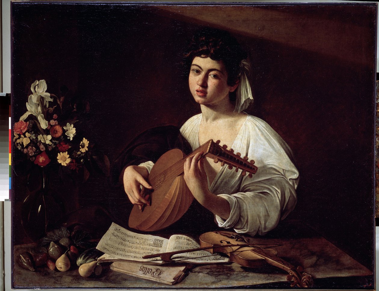 Pintura "O alaúde" de Michelangelo Merisi (Caravaggio) (1571-1610) 1595 aprox. tamanho 94x119 cm Museu Hermitage, São Petersburgo. de Michelangelo Merisi da Caravaggio