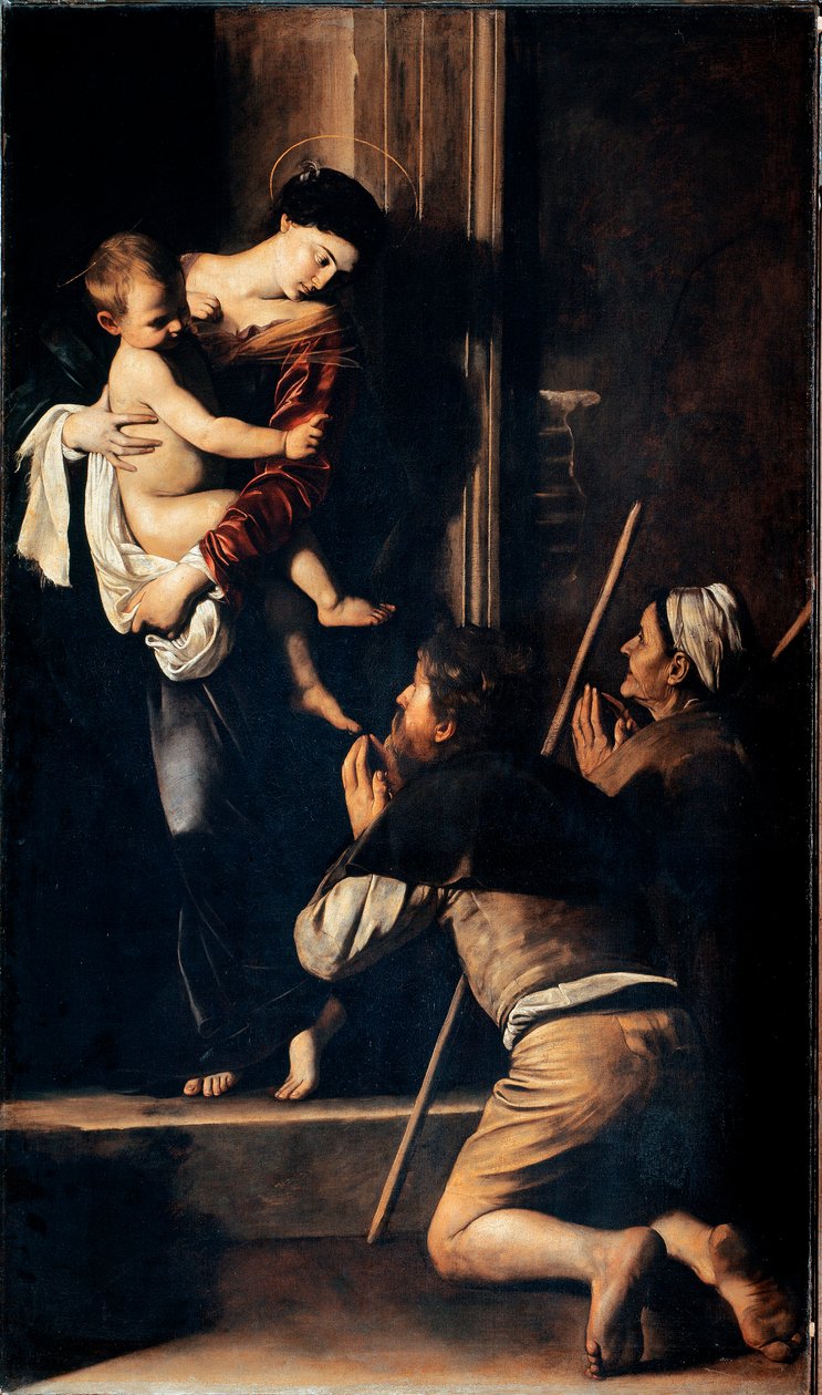 Madonna dei pellegrini também conhecida como Madonna di Loreto (Madonna des Pelerins ou Madonna de Lorette). Pintura de Michelangelo Merisi dit Il Caravaggio (O Caravaggio) (1571-1610) 1603-1605 Dim. 260x150 cm Roma, Chiesa di Sant 