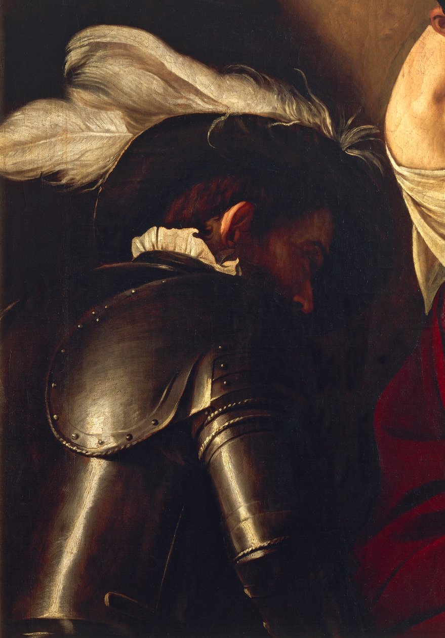 Homem de armadura, de The Crowning with Thorns, c.1603 (óleo sobre tela) (detalhe de 507206) de Michelangelo Merisi da Caravaggio