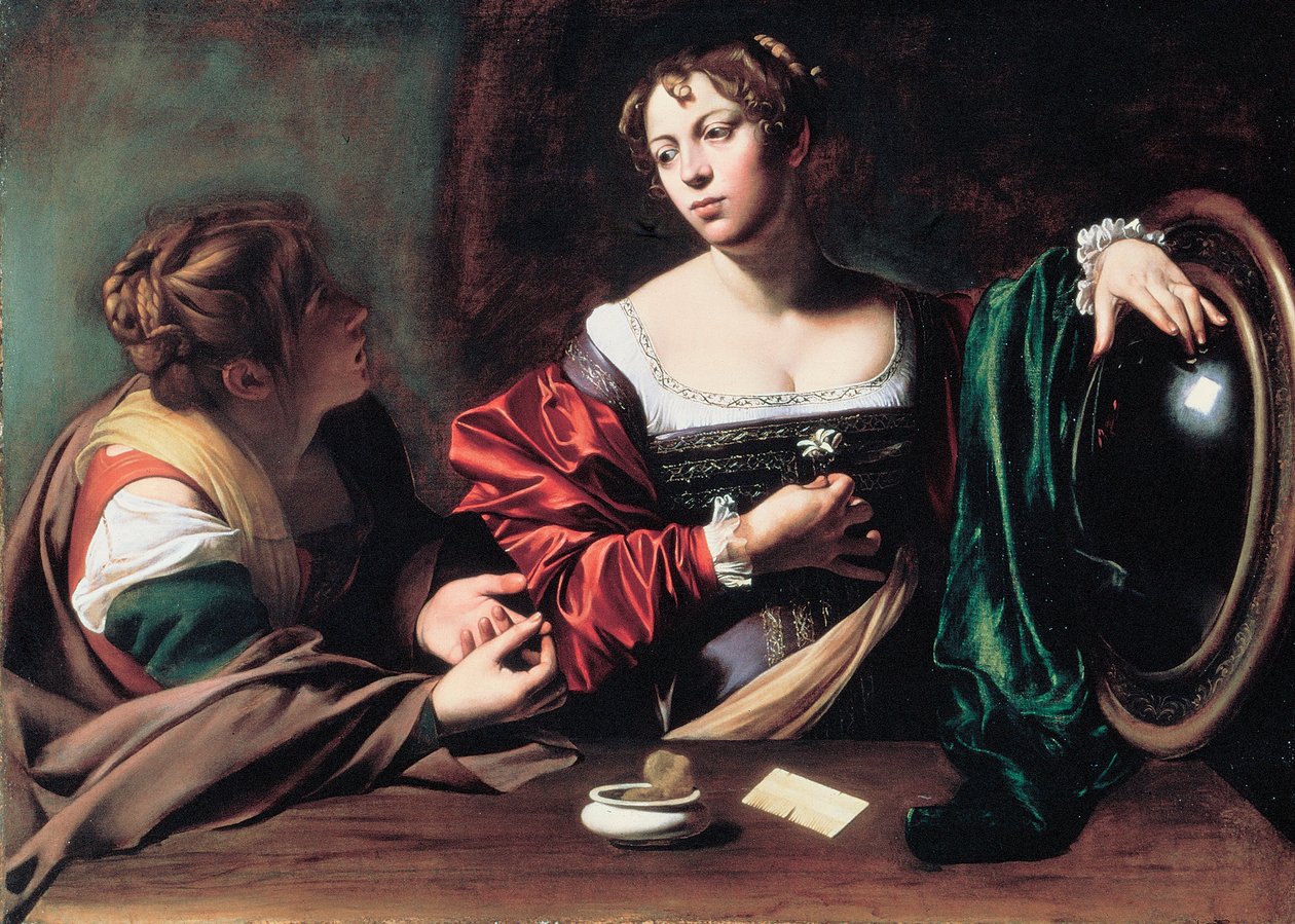 ""Marta e Maria Madalena"" Pintura de Michelangelo Merisi conhecido como Caravaggio ou il Caravaggio (1571-1610) cerca de 1598 Dim. 100x134,5 cm Detroit Institute of Art de Michelangelo Merisi da Caravaggio