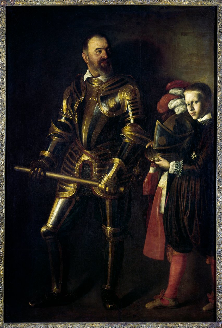 Retrato no pé de Alof de Wignacourt (1547-1622) Grande Mestre da Ordem de Malta de 1601 a 1622, e sua página Pintura de Michelangelo Merisi dit Le Caravaggio ou il Caravaggio (1571-1610) 1608 Sol. 1,94x1,34 m de Michelangelo Merisi da Caravaggio
