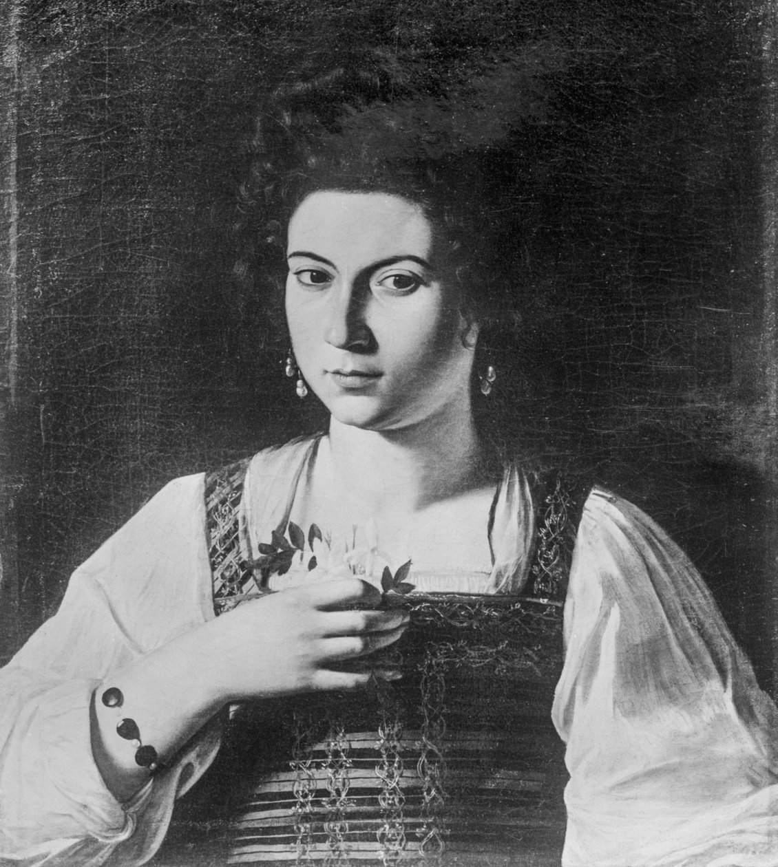 Retrato de uma cortesã (também conhecido como Retrato de Fillide) (obra de arte destruída), c.1590 (óleo sobre tela) de Michelangelo Merisi da Caravaggio