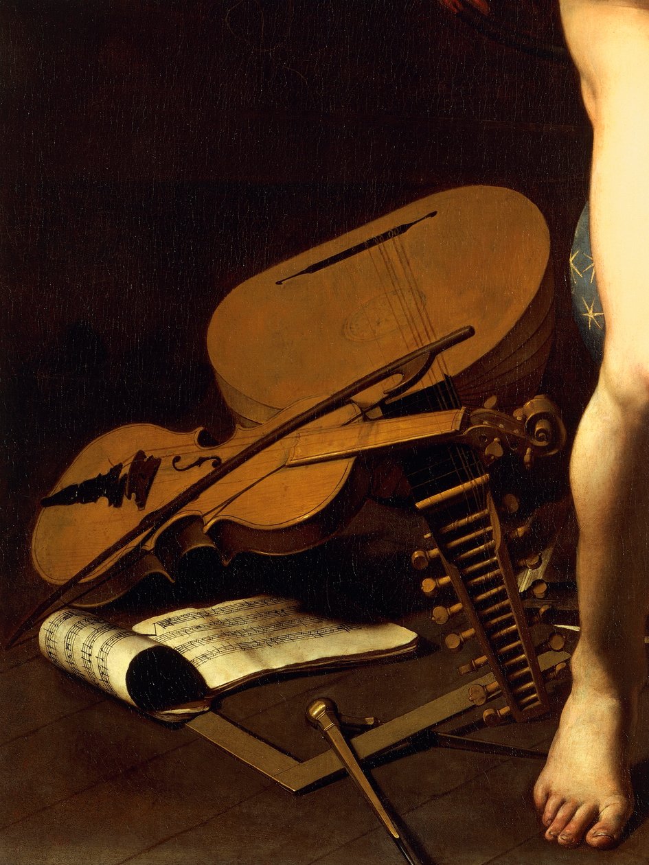 Representação de instrumentos musicais, detalhe de Amor Victorious, c.1602 (óleo sobre tela) de Michelangelo Merisi da Caravaggio