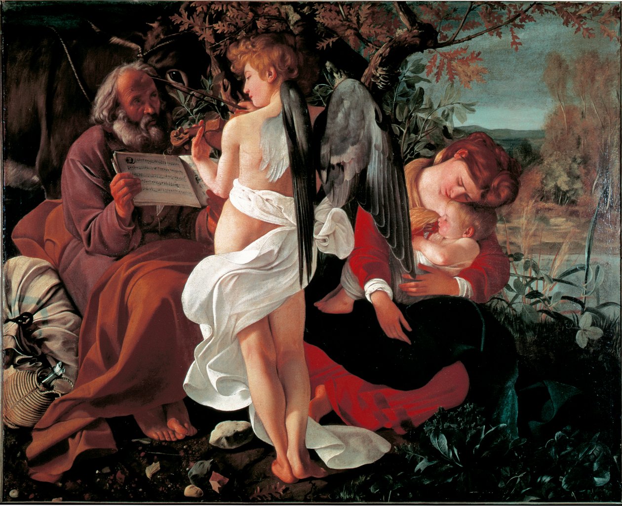Descanso durante o vôo para o Egito Pintura de Michelangelo Merisi disse il Caravaggio (O Caravaggio) (1571-1610) 1590 aproximadamente. Sol. 130x160 cm Roma Galleria Doria Pamphili de Michelangelo Merisi da Caravaggio