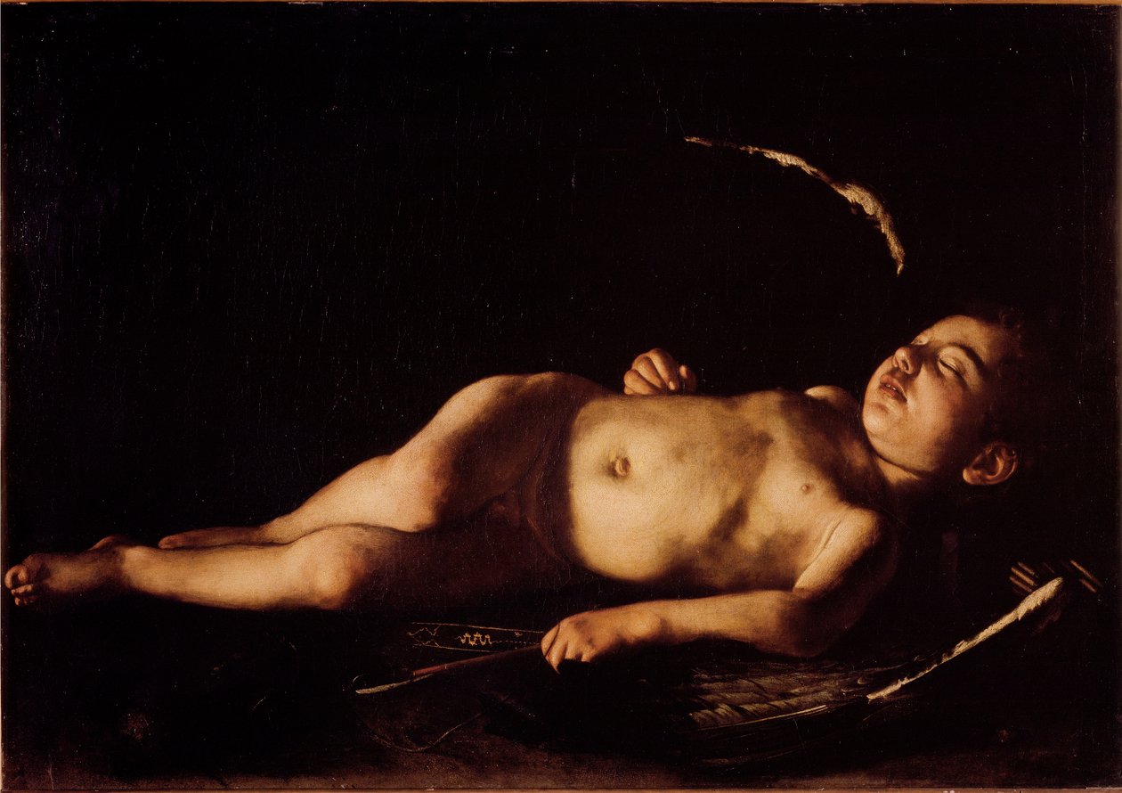 Pintura do Amor Adormecido de Michelangelo Merisi chamada The Caravaggio ou Il Caravaggio (1571-1610) 1608 Sol. 71x105 cm Florença, Palazzo Pitti, Galleria Palatina de Michelangelo Merisi da Caravaggio