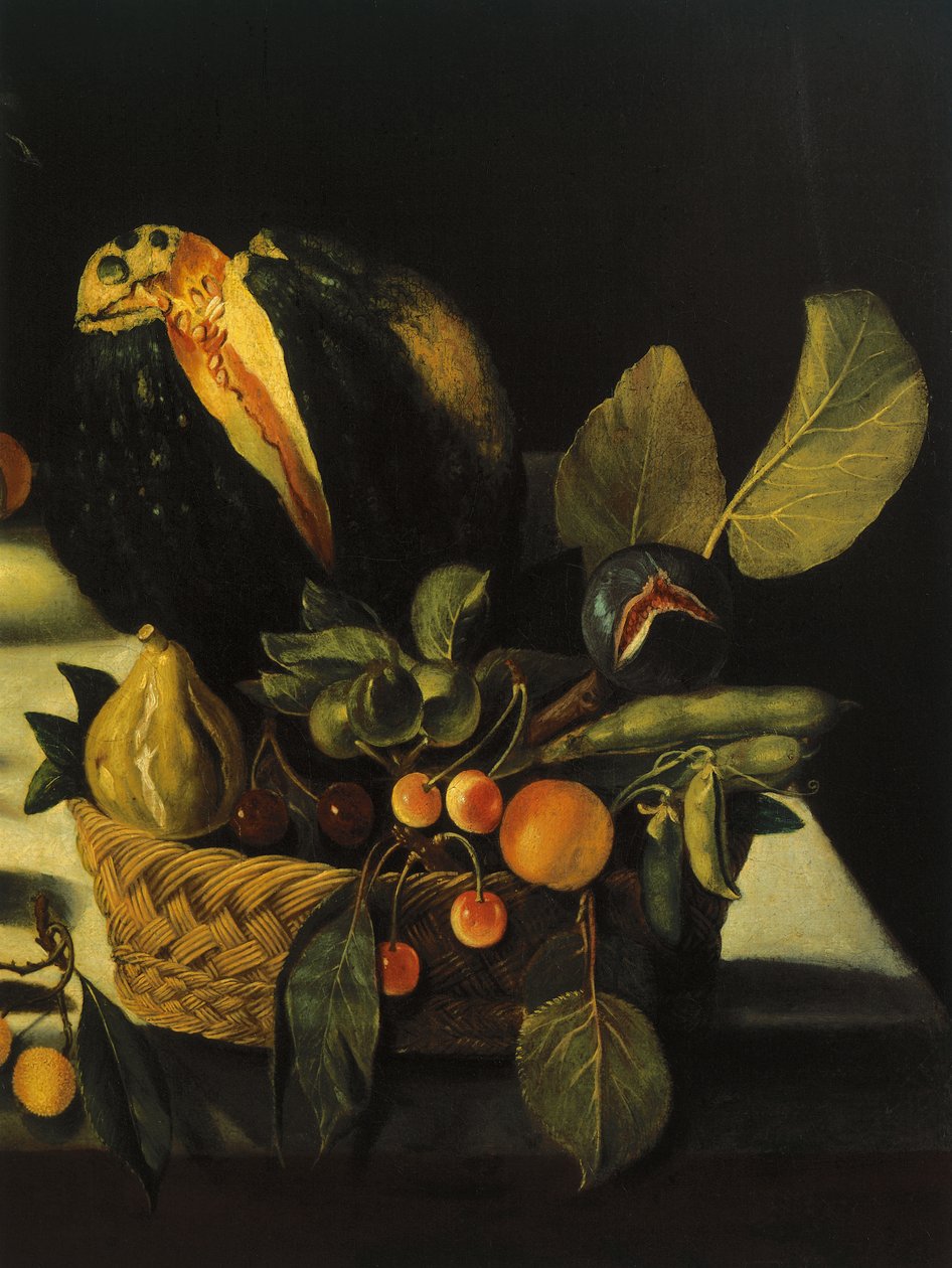 Natureza morta com flores e frutos, por Mestre da Natureza Morta de Hartford, c.1600-10 (óleo sobre tela) (detalhe de 507174) de Michelangelo Merisi da Caravaggio