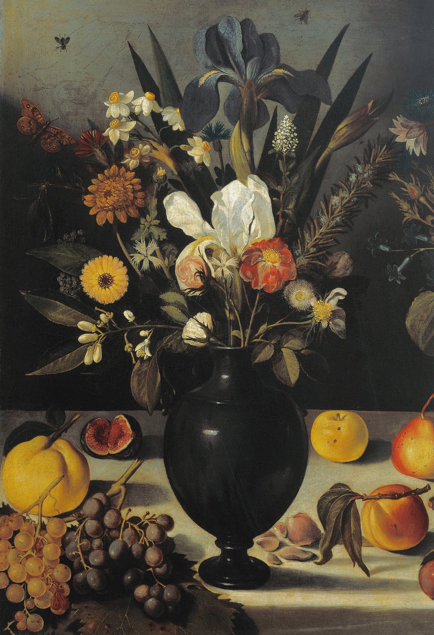 Natureza morta com flores e frutos, por Mestre da Natureza Morta de Hartford, c.1600-10 (óleo sobre tela) (detalhe de 507174) de Michelangelo Merisi da Caravaggio