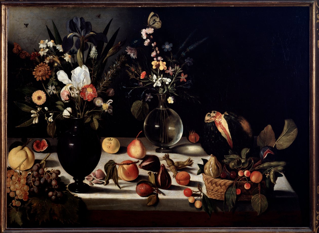 Natureza morta com flores e frutas Pintura atribuída a Caravaggio dit le Caravaggio de Michelangelo Merisi da Caravaggio