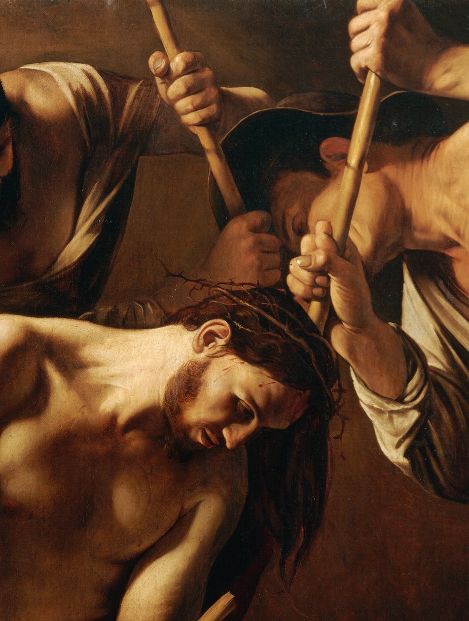 A Coroação com Espinhos, c.1603 (óleo sobre tela) (detalhe de 507206) de Michelangelo Merisi da Caravaggio
