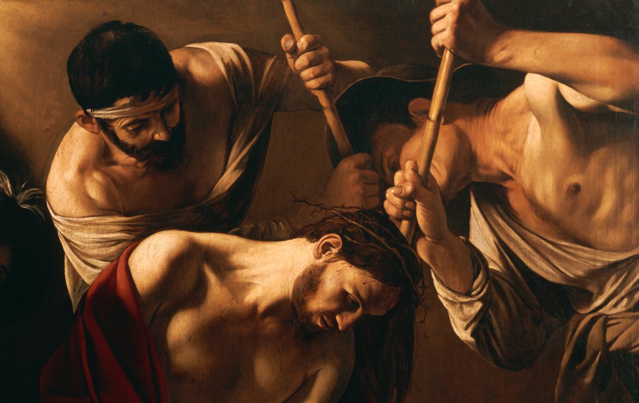 A Coroação com Espinhos, c.1603 (óleo sobre tela) (detalhe de 507206) de Michelangelo Merisi da Caravaggio