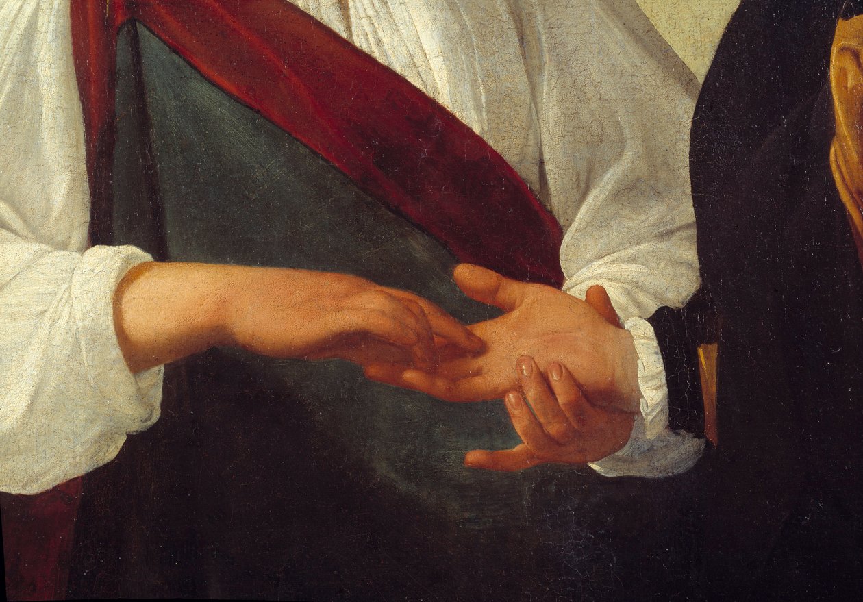 A cartomante Detalhe representando a mão do cliente esticada na da mulher que lê as linhas de sua palma. Pintura de Michelangelo Merisi da Caravaggio dit Le Caravaggio (ca. 1571-1610) Sol. 0,99x1,31 m de Michelangelo Merisi da Caravaggio