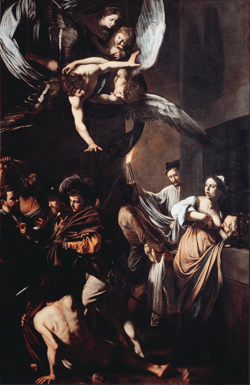 As sete obras de misericórdia (Sette opere di misericordia). Cimon condena a passar fome na prisão alimenta-se do peito de sua filha Pero (Caridade Romana) e no fundo um homem carrega uma tocha em chamas para arrancar um cadáver. No topo, a virgem tem t de Michelangelo Merisi da Caravaggio