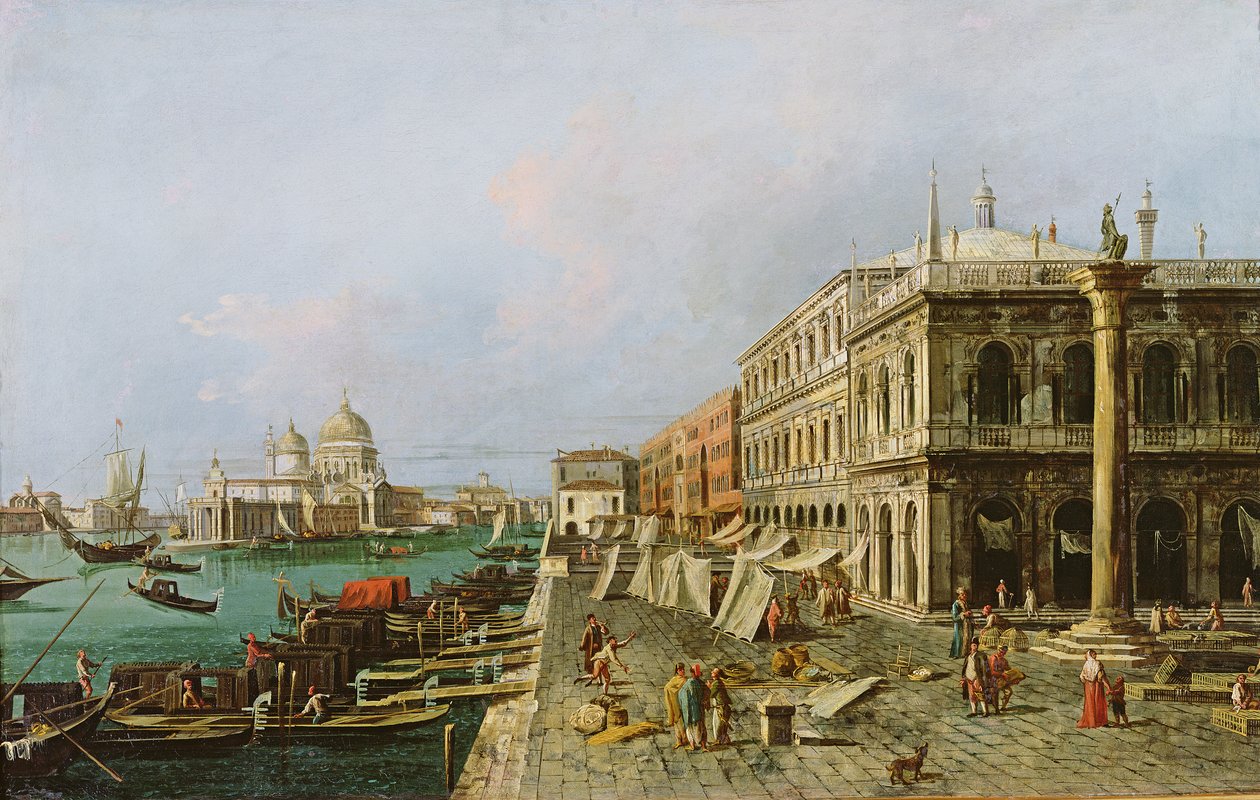 Vista, de, a, cais, frente, palazzo della, Zecca, com, santa maria, della, saudação, em, a, fundo, veneza de Michele Marieschi