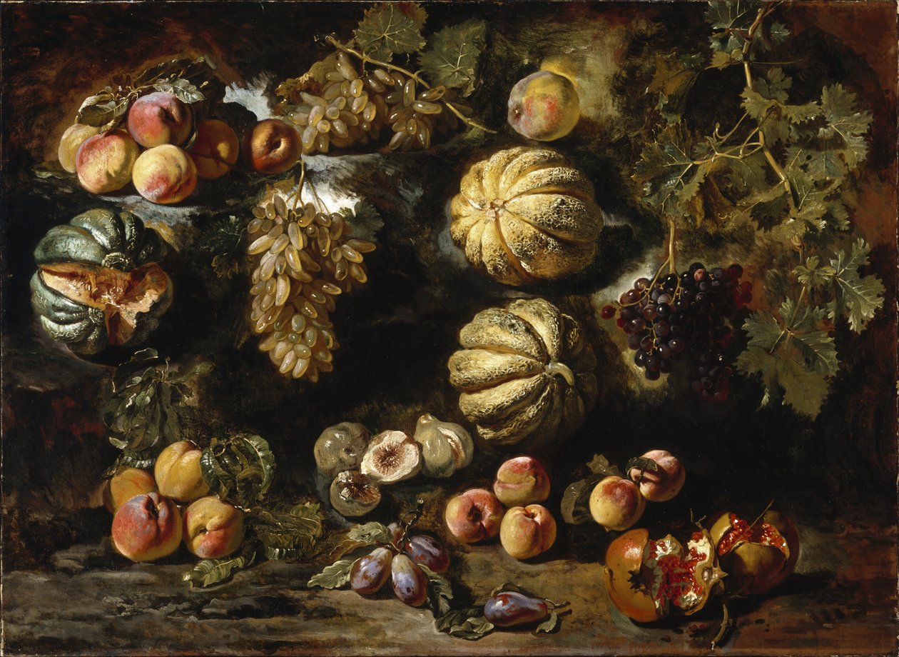 Ainda vida com melões, pêssegos, figos e uvas, c. 1640-1650 de Michele Pace del Campidoglio