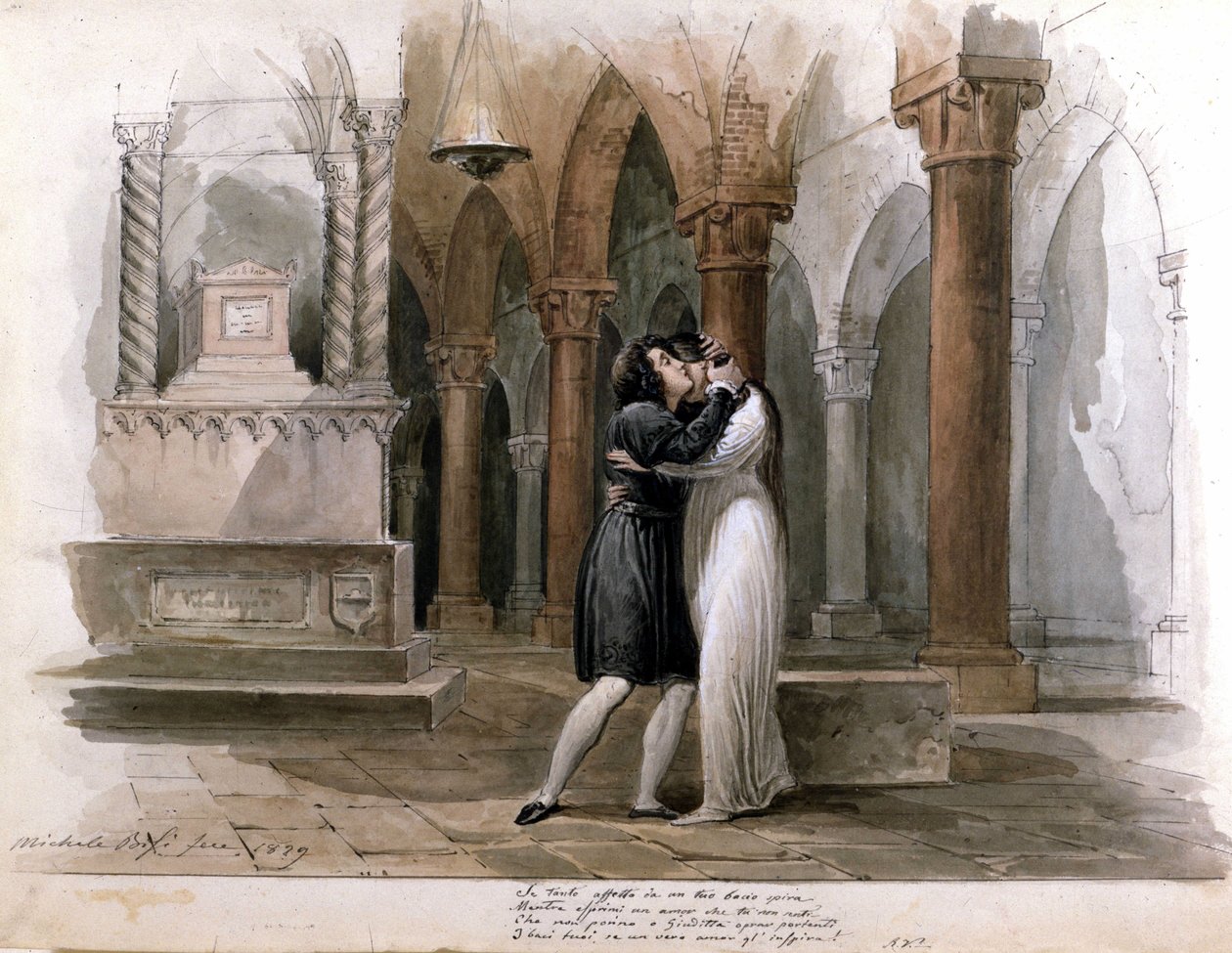 I Capuleti e i Montecchi (Les Capulet et les Montaigu) de Vincenzo Bellini, espectáculo no Teatro Fenice em Veneza. Giuditta Pasta e Giulia Grisi interpretando Romeu e Julieta. Aguarela de Michele Bisi de Michele Bisi
