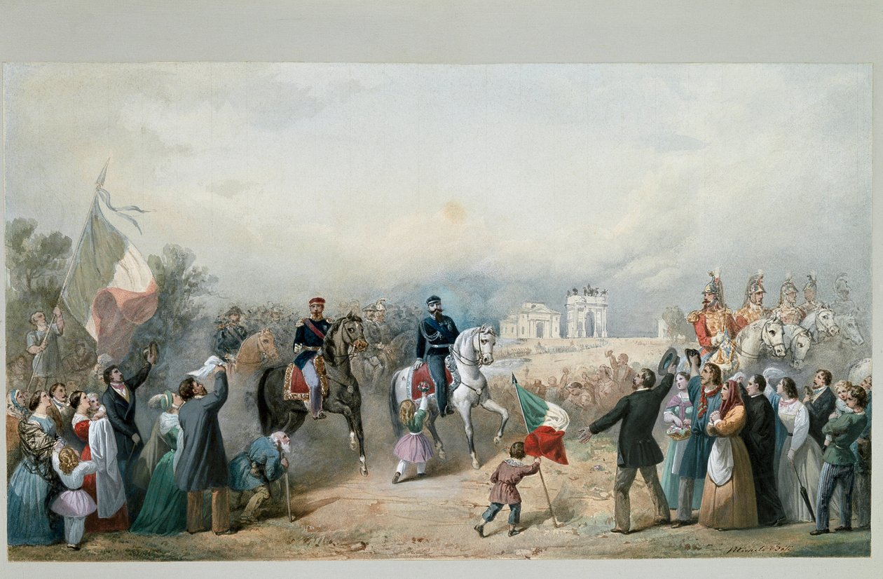Entrada triunfal do rei da Sardenha Vittorio Emanuele II e Napoleão III em Milão a 8 de Junho de 1859 (aguarela de Michele Bisi