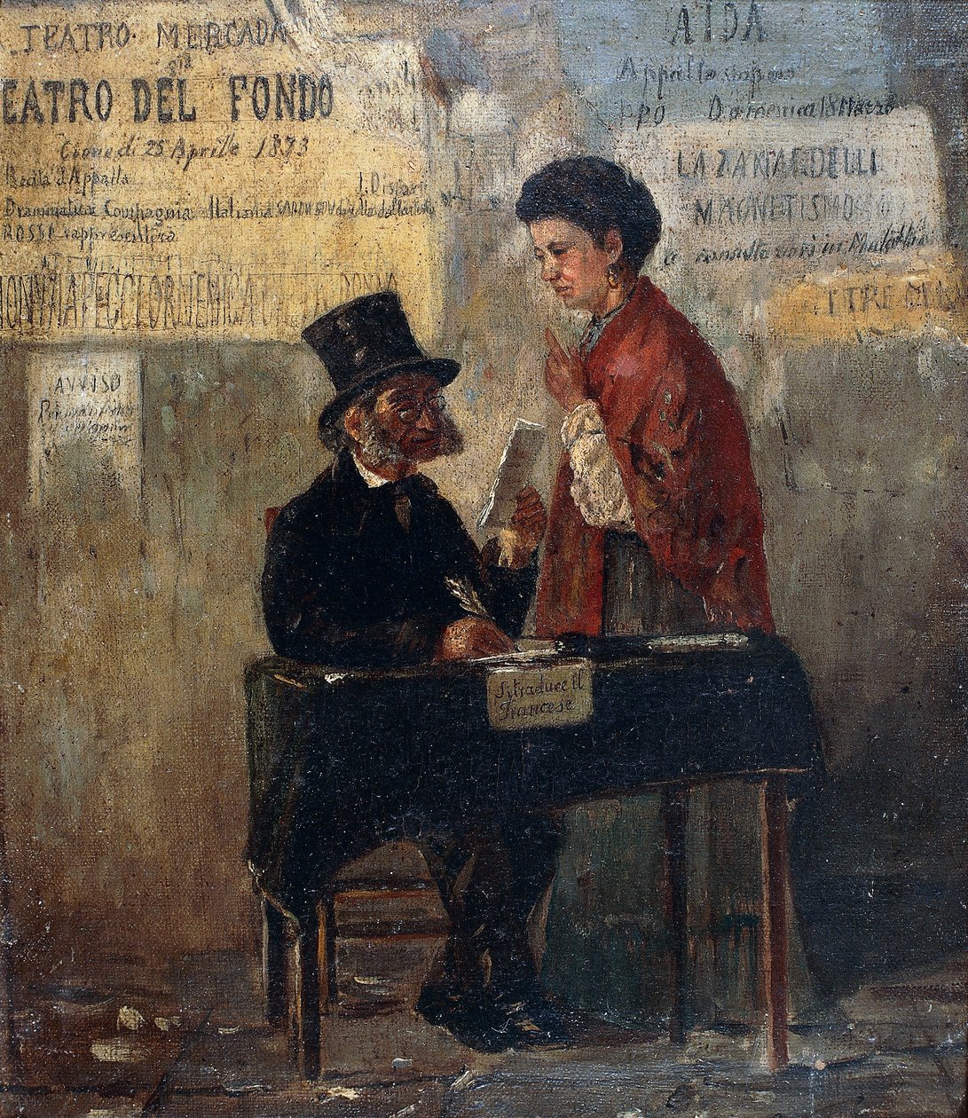 Cartazes de teatro e escriba pública, por Michele Cammarano (1835-1920) de Michele Cammarano