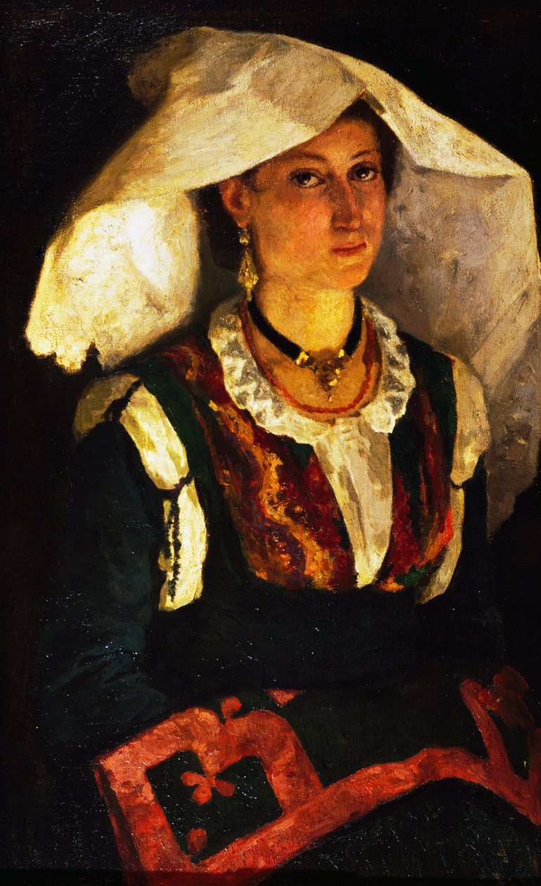Mulher em traje sardo, ca. 1875, de Michele Cammarano (1835-1920), óleo sobre tela. de Michele Cammarano