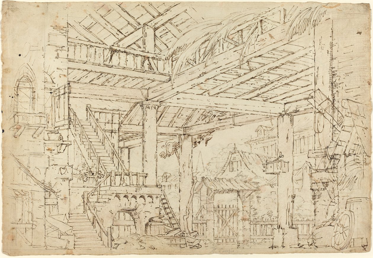 Interior de um celeiro construído em ruínas antigas de Michele Canzio