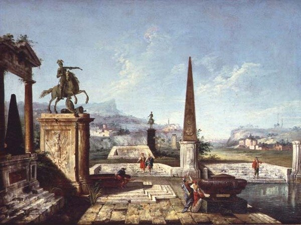 Um Capriccio de Monumentos Clássicos, um Obelisco com Soldados à beira de uma Piscina e Montanhas Além (óleo sobre tela) de Michele Marieschi