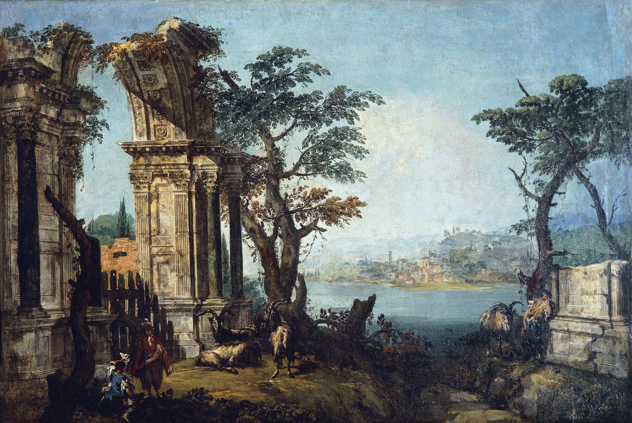Capriccio com arco clássico e cabras de Michele Marieschi