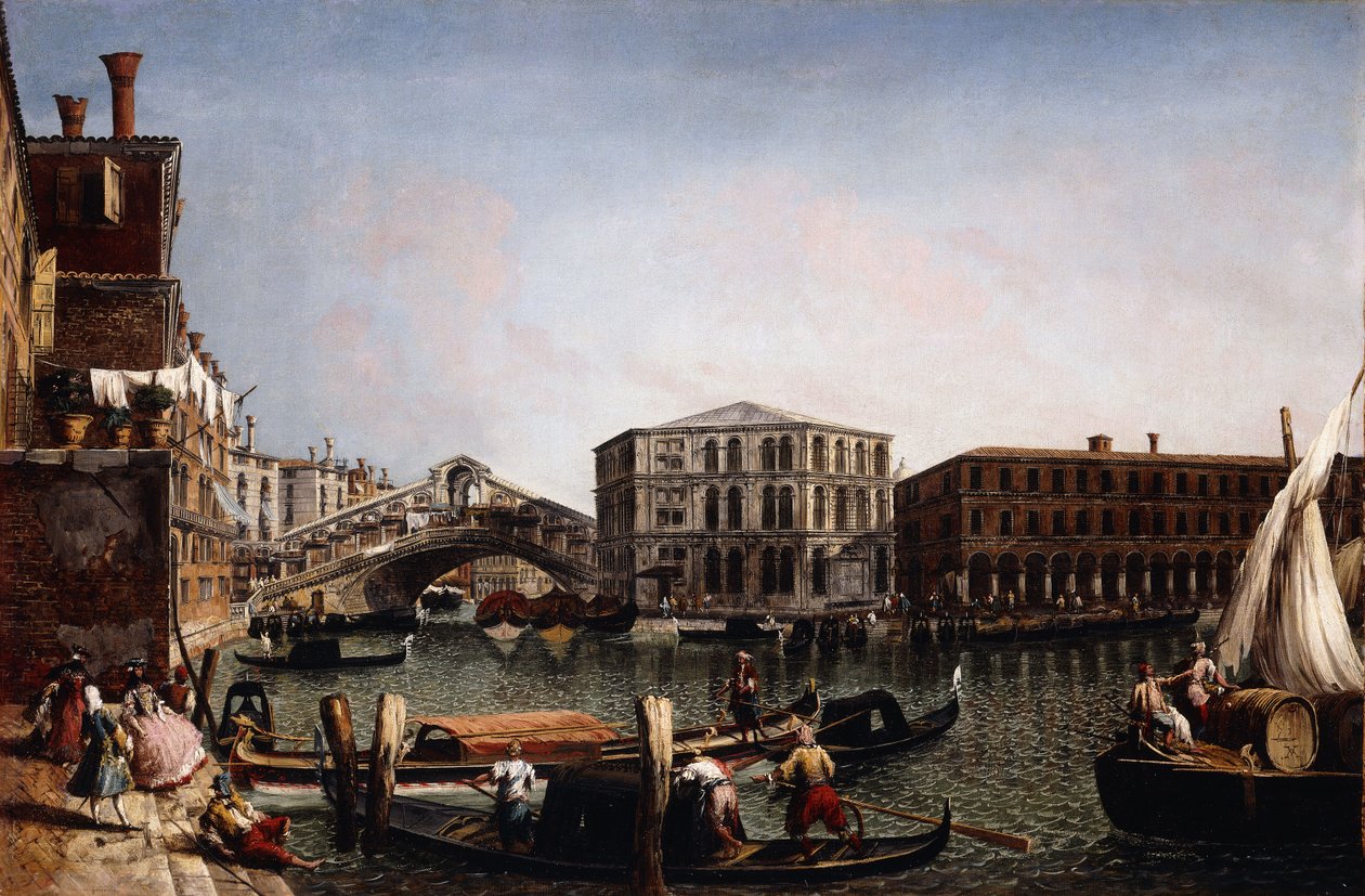 A Ponte Rialto, Veneza, com o Fondaco dei Tedeschi em primeiro plano, de Michele Marieschi