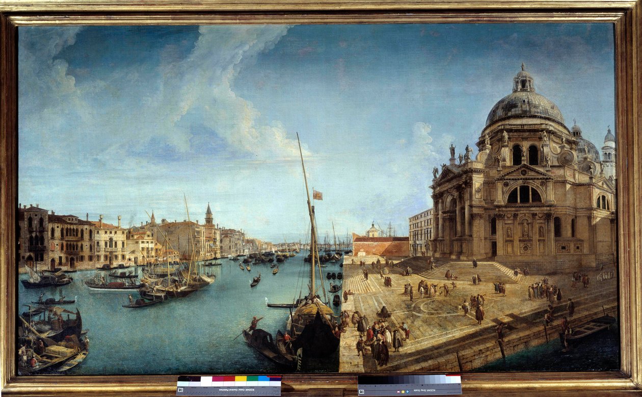 Vista na entrada do Grande Canal e na Igreja de Salute em Veneza Pintura de Michele Marieschi (1710-1741) Sol do século XVIII. 1,25x2,13 m de Michele Marieschi