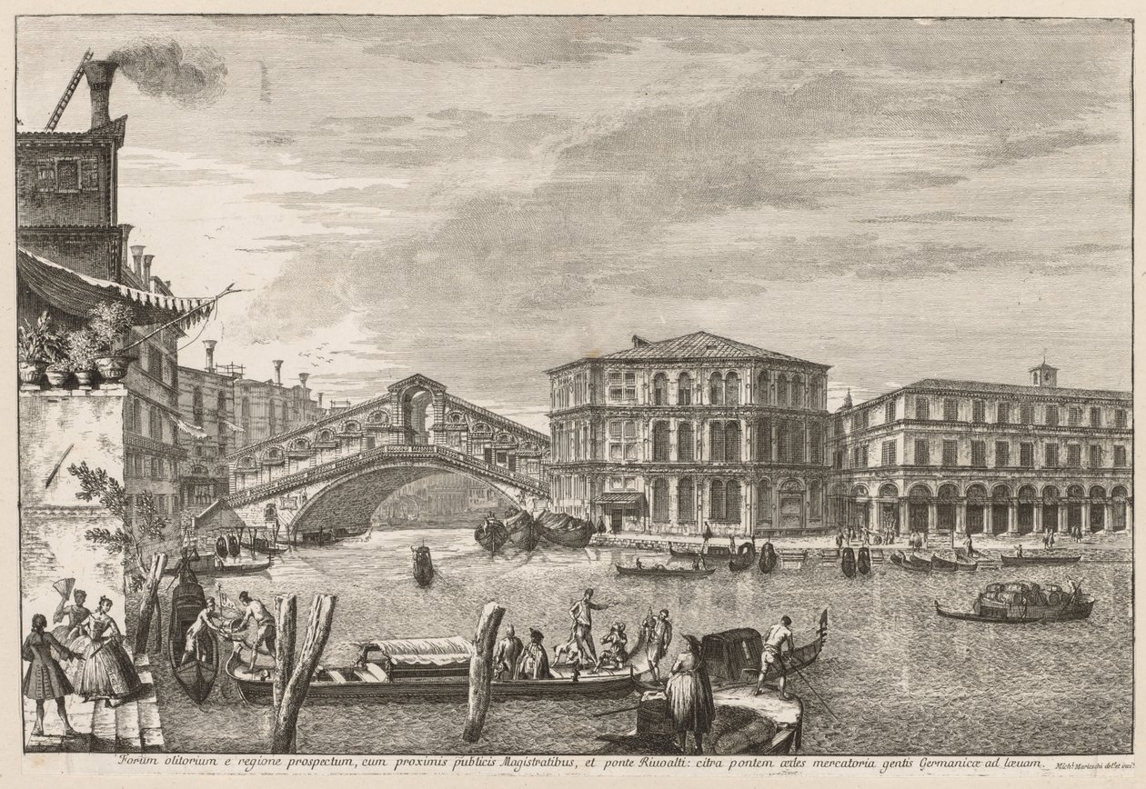 Vistas de Veneza: a ponte e o mercado de Rialto de Michele Marieschi
