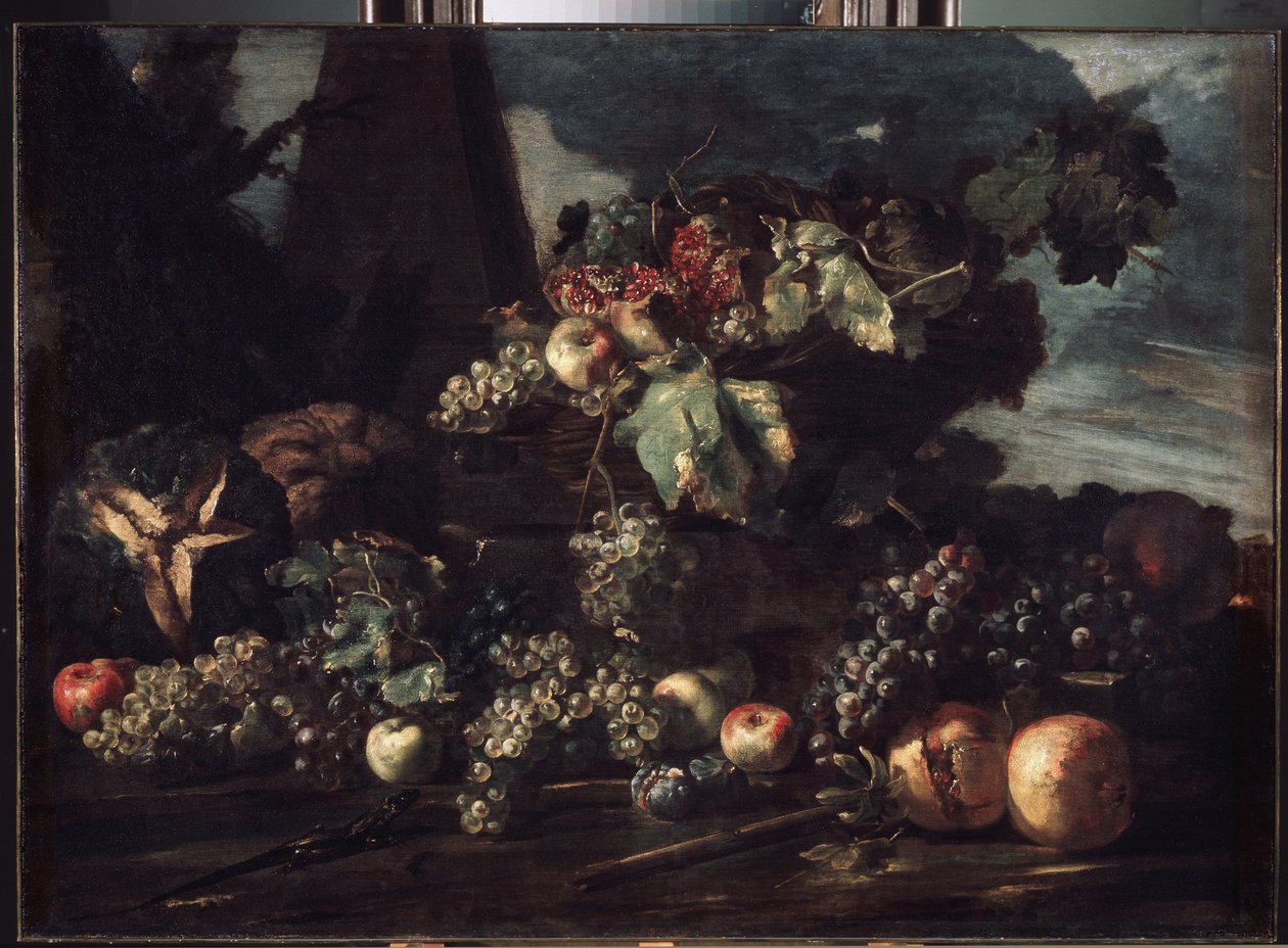 Pintura "Natureza Morta com Uvas" de Michelangelo Pace da Campidoglio (1610-1670) 1650-1660 Dim. 98x134 cm Museu Hermitage, São Petersburgo de Michele Pace del Campidoglio