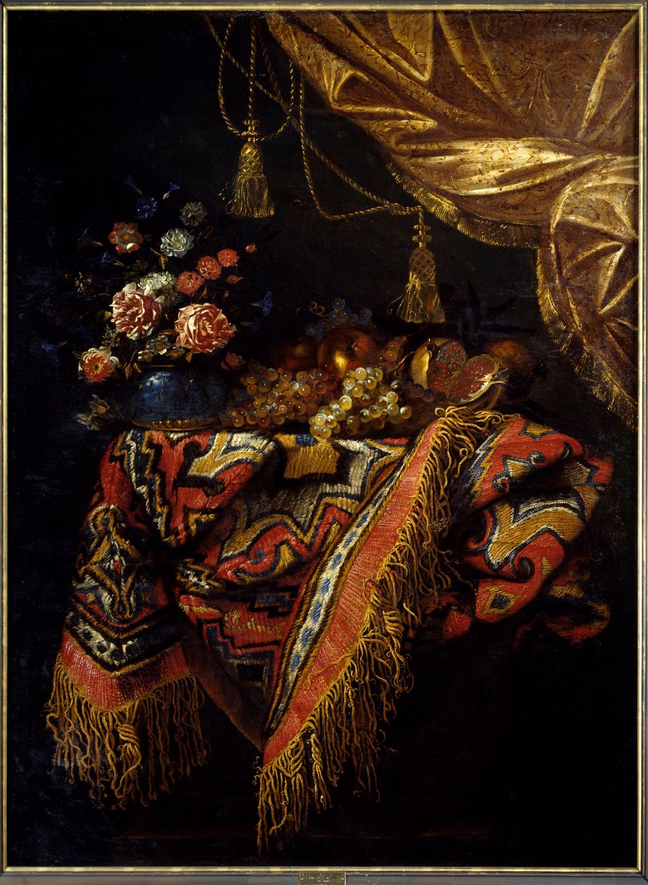 Natureza-morta Frutas e flores posadas sobre uma toalha de mesa. Pintura de Michelangelo Campidoglio (1610-1670) Século XVII Rennes, museu de belas artes. de Michele Pace del Campidoglio